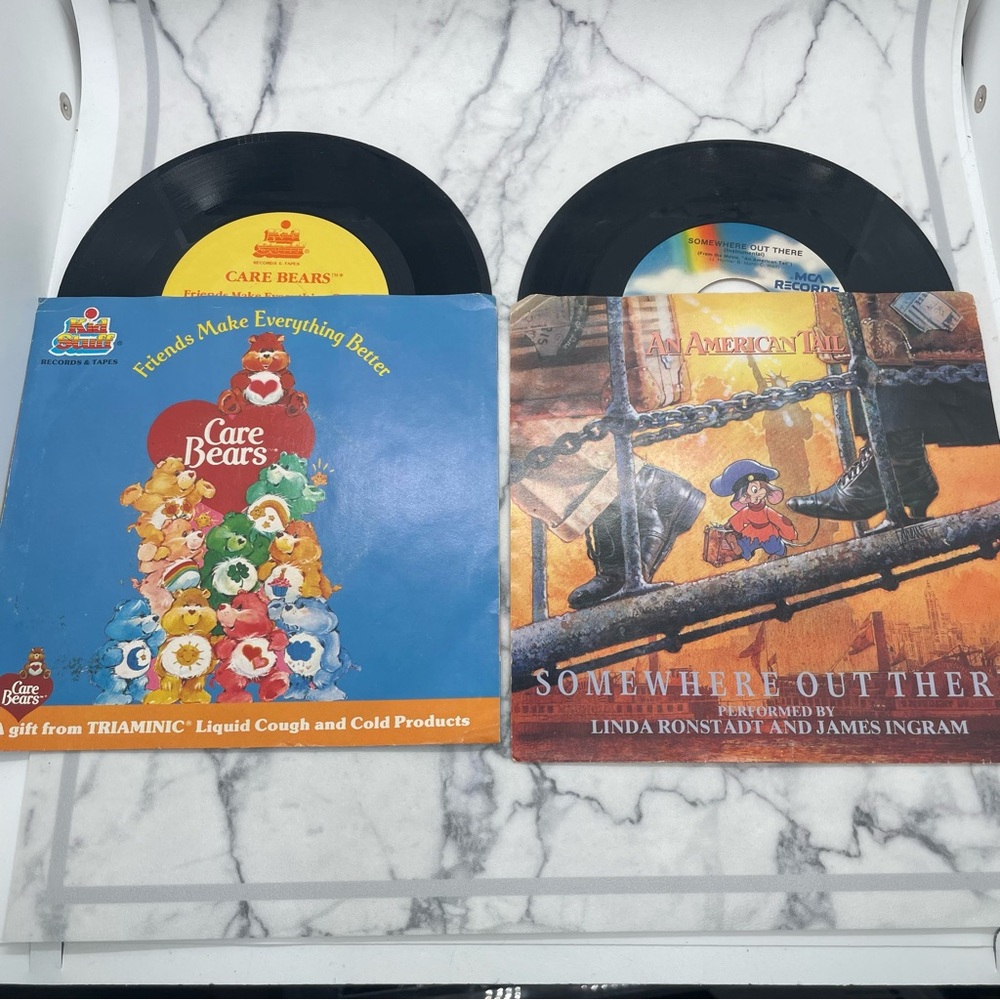 Vintage 80s Nostalgia 45 RPM Vinyl Records Care Bears American Tale Feival